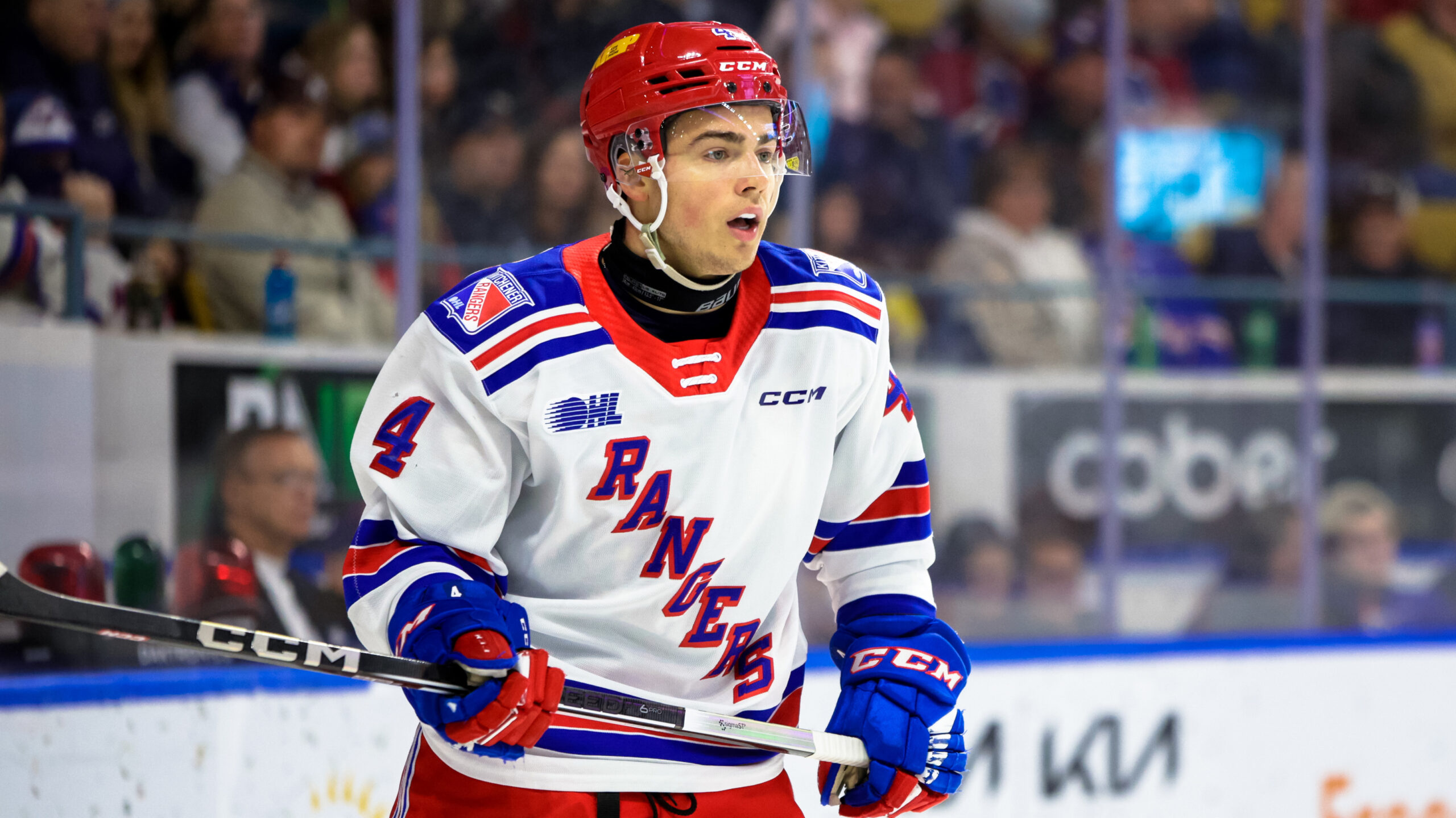 Hunter Brzustewicz of the Kitchener Rangers. Photo by Natalie Sh